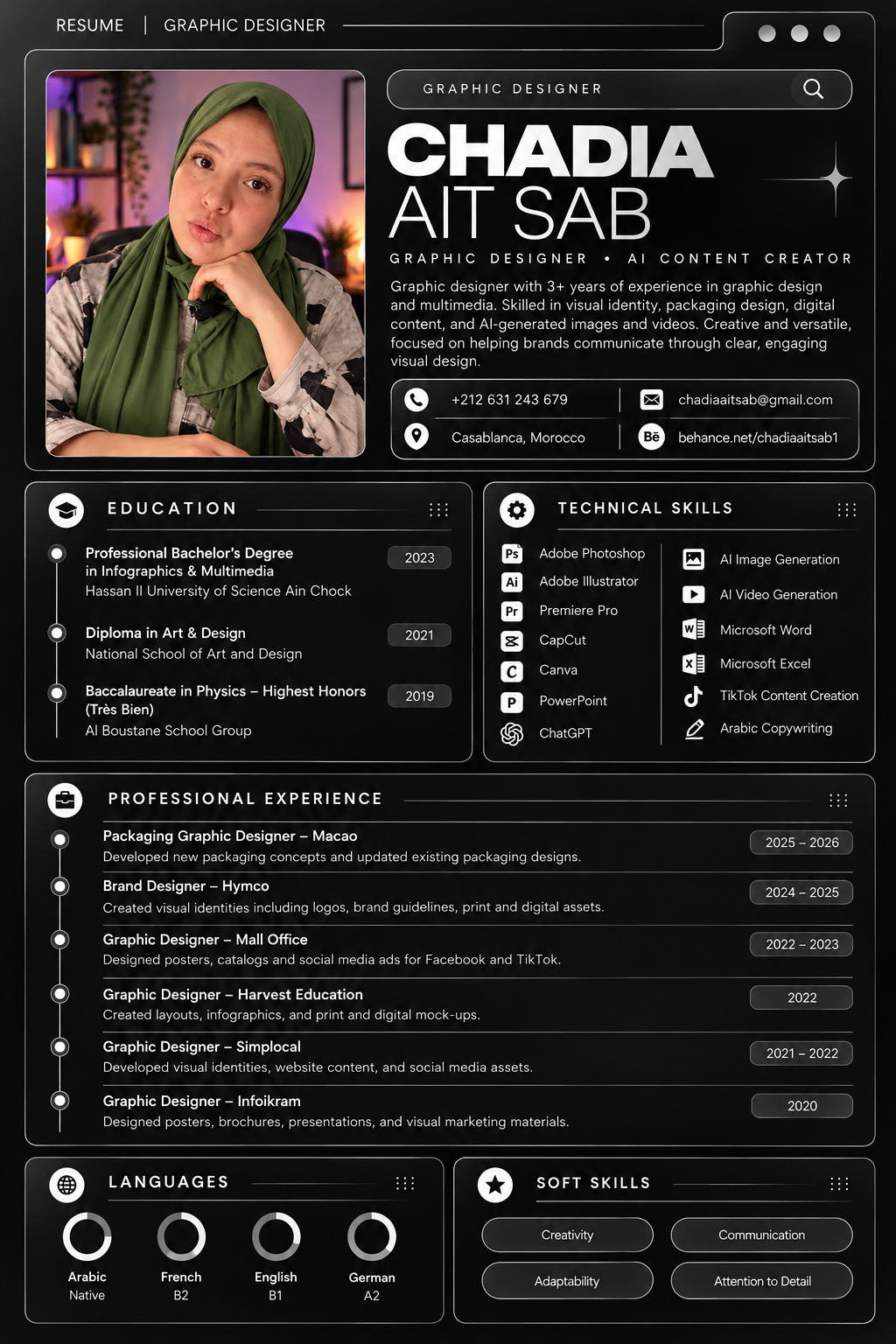 Chadia Ait Sab's new futuristic dark graphic designer CV design